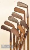 9x various Tom Stewart Pipe marked irons and putters – 4x irons incl cleeks and mashies (1x bowed