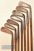 6x various jiggers and a cleek – makers incl E R Whitcombe mussel back, Winton Diamond mark mussel