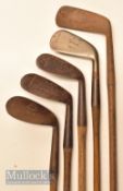 5x Tom Stewart Pipe Mark irons and putter – incl mashie, mashie/niblicks and niblick irons and wry