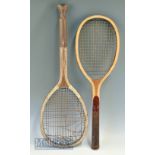 Early wooden ‘Superb’ fishtail tennis racket stamped to throat, some splits to handle with damage to