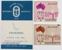 1956 Melbourne Olympics Programme and Tickets (3) programme for Swimming 29th November, very good