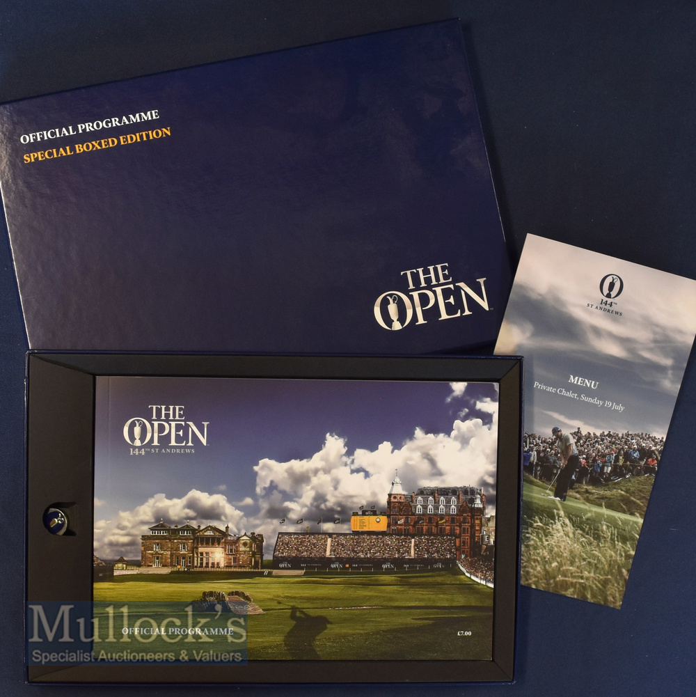 2015 Special Edition Open Golf Programme with pin badge and Private Chalet menu in card presentation