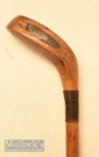 Light stained long wooden driver head styled golf walking stick with three plug rams horn sole