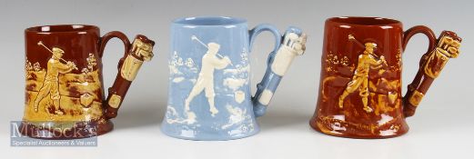 3 Dartmouth Pottery Golfing Tankards incl 2 two-tone brown examples, one early and one later example