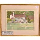 Norman Berisford 2011 Cricket Scene Watercolour painting with pub to background, framed measures