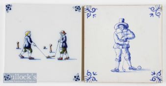 2 Modern Dutch Delft Golfing Scene Tiles both depicting scenes in period dress, both in blue and