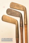 3x early brass blade putters – incl C Rochester and a centre balance – 1x with bowed shaft, all