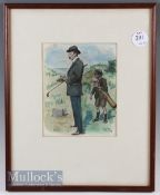 Charles Ambrose coloured golfing print depicts golfer and young caddy, framed measures 36x45cm