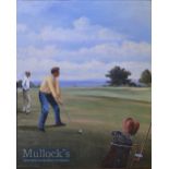 Matthews, Michael (1933-) golfing oil on board - Golfers Approaching Green (possibly Carnoustie) –