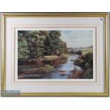 Frank Wright Signed limited edition print depicts river fishing scene, number 349/500, framed,