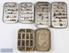 3x Wheatley alloy fly cases/boxes with flies includes a 5” case with hinged compartments internally,