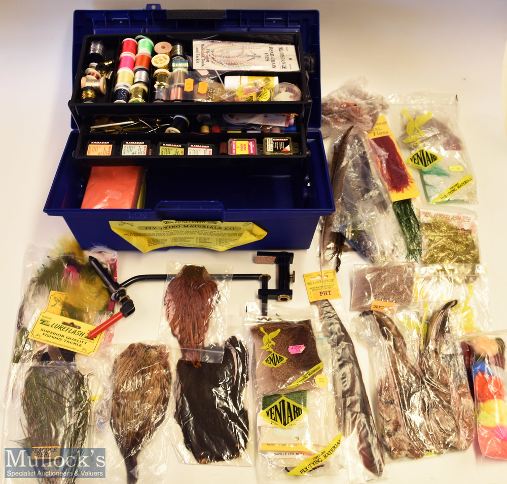 Selection of Fishing Fly-Tying Accessories within cantilever tackle box, consisting of a vice marked