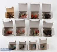 Salesman Boxed examples of Mickael Frodin pattern Salmon flies on single, double and treble hooks