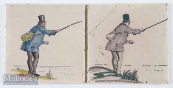 2x Tin Glaze Style Fishing Tiles both with similar fisherman casting scenes, one coloured by