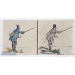 2x Tin Glaze Style Fishing Tiles both with similar fisherman casting scenes, one coloured by