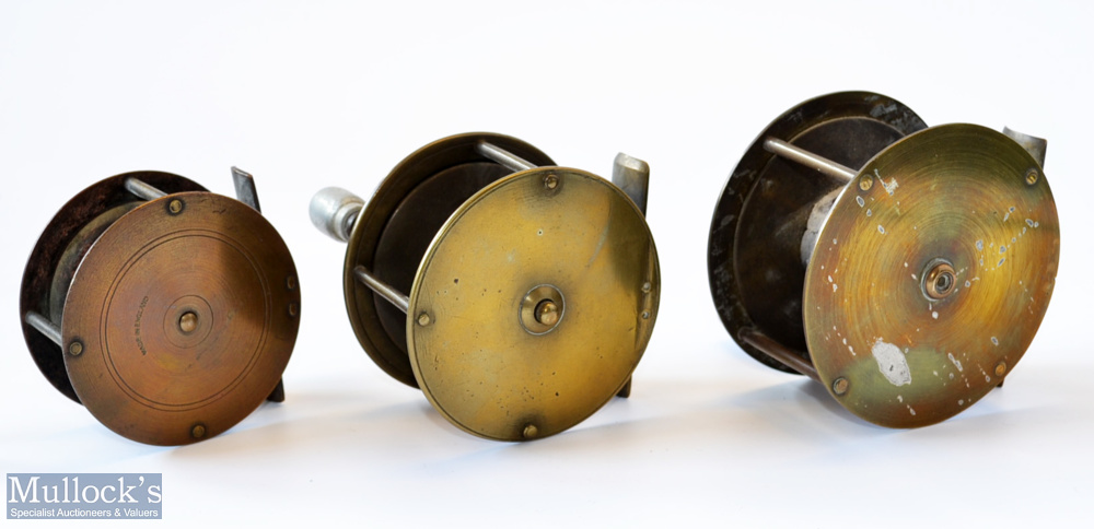 3x various Brass Crank Wind Reels – 3” wide drum with slim curved arm fitted with wooden handle – no - Image 2 of 2