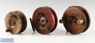 3x Wooden and brass Nottingham reels to include a stamped John MacPherson Inverness starback sea