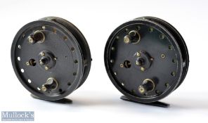 2x Good 4” x centre pin trotting reels – Allcocks Flick-Em black alloy reel , 2x screw drum