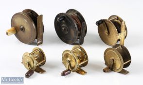 6x Assorted Brass trout fly reels including a C Farlow & Co, 191 Strand London 2 ¾” fly reel with