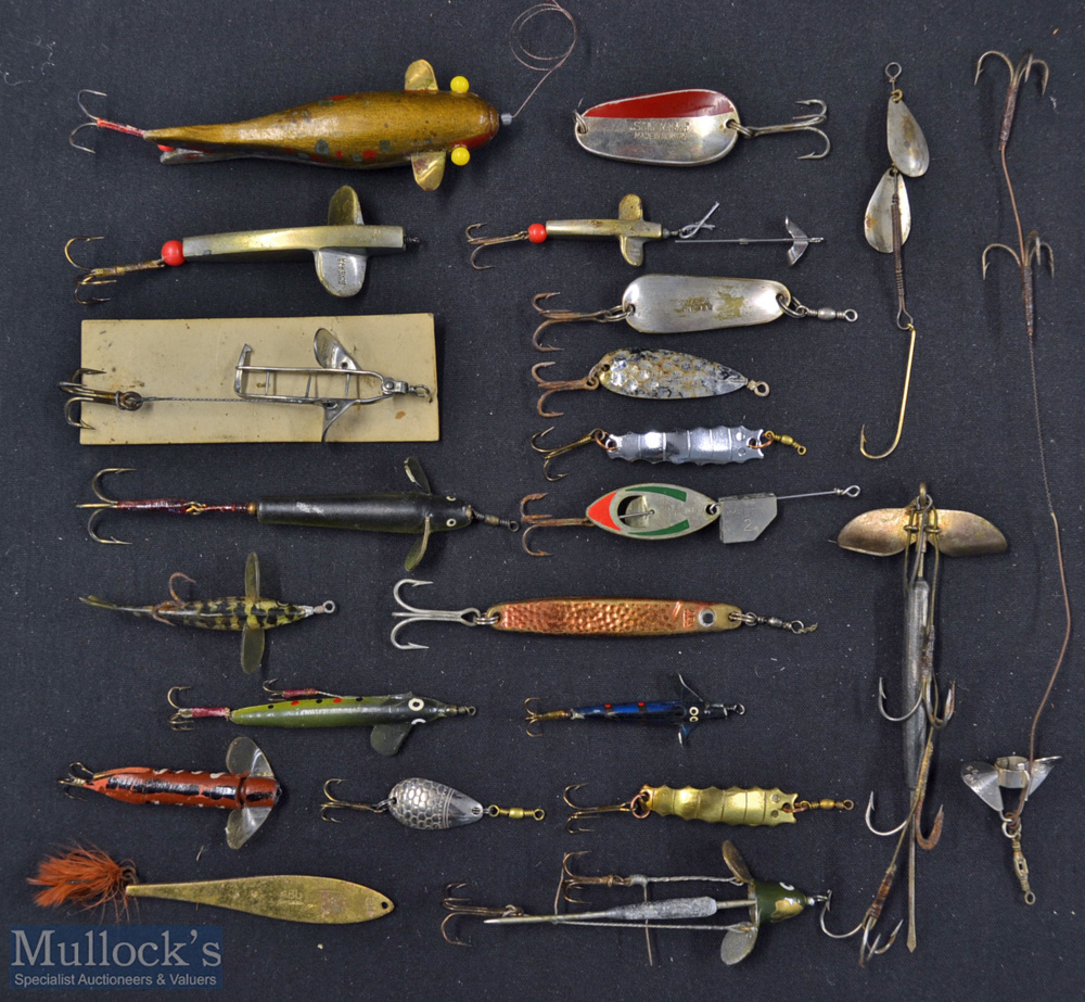 Collection of various fishing lures and dead bait mounts (23) to include large wooden Devon,