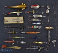 Collection of various fishing lures and dead bait mounts (23) to include large wooden Devon,