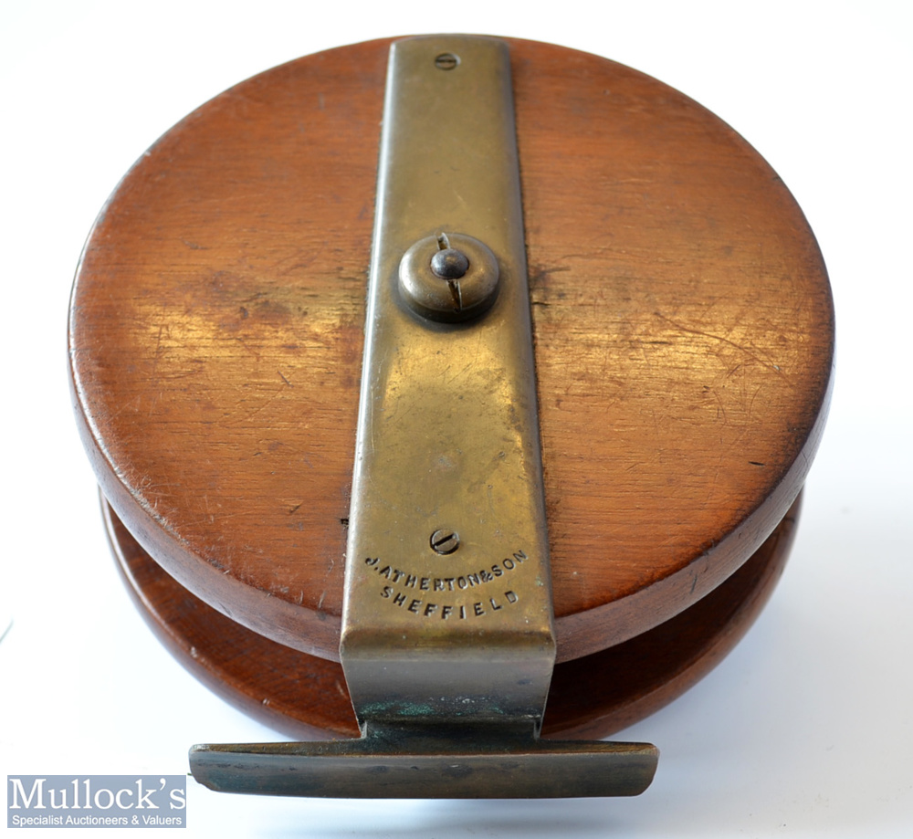 Rare J Atherton & Son Sheffield 4.5” mahogany wood and brass reel – with deep pillared drum core, - Image 2 of 4