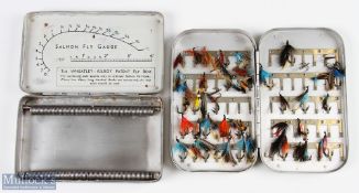 Hardy Bros England alloy fly case/box with alloy clips internally containing flies, measures