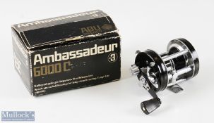 ABU Ambassadeur 600C series multiplier reel in black foot stamped 760805, appears in very good