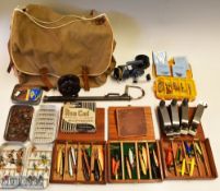 Canvas Fishing tackle bag and accessories including a Mitchell Match 440A fixed spool reel and