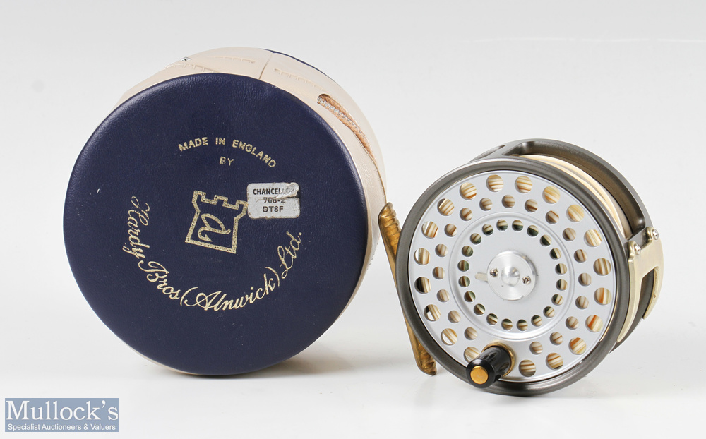 Hardy Bros England The Husky 3 3/8” wide drum alloy fly reel with silent check, ribbed brass foot, U