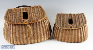 Early French split reed pot-bellied fishing creels – tightly woven reed including a smaller sized