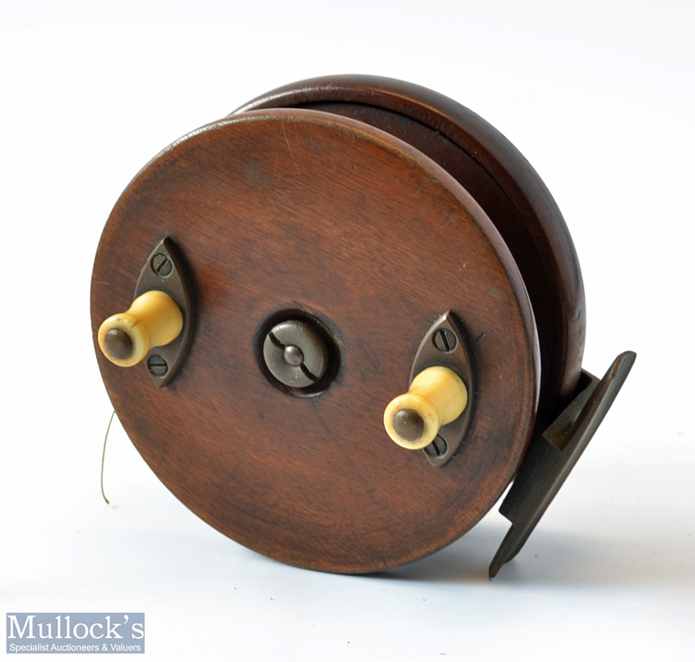 Rare J Atherton & Son Sheffield 4.5” mahogany wood and brass reel – with deep pillared drum core,