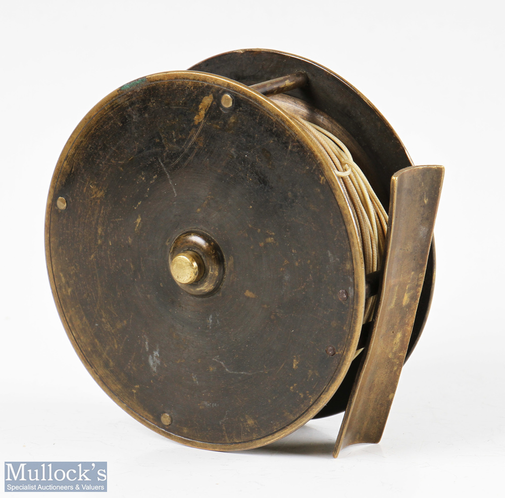 Early 3 ½” A Allan Glasgow all brass narrow drum fly reel with curved crank arm, maker’s mark to - Image 2 of 2