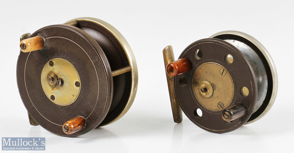 2x Slater pattern ebonite combination reels featuring a 3 ½” ebonite and brass fly reel having an