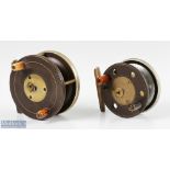 2x Slater pattern ebonite combination reels featuring a 3 ½” ebonite and brass fly reel having an