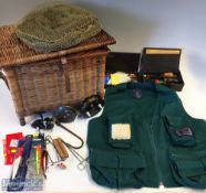 Fishing Tackle Basket with reels, and accessories – the basket measuring 42x34x30cm approx., with