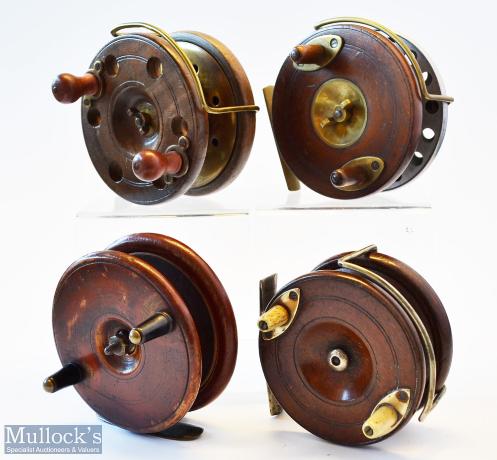 Interesting collection of Wooden Nottingham and brass back combination reels (4) – 4” wooden and