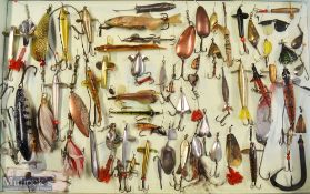 Interesting collection of various fishing lures (65) mounted in a wooden display case. Makers incl W