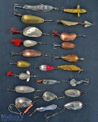 Collection of various fishing lures (22) to include pearl spoons, scaled and half scaled spoons,