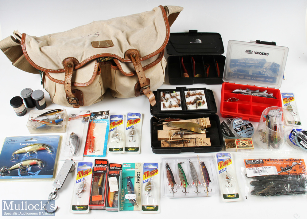 Hardy, Alnwick Canvas and Leather Fishing Tackle Bag with Fishing Accessories bag having 2 front