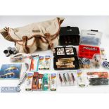 Hardy, Alnwick Canvas and Leather Fishing Tackle Bag with Fishing Accessories bag having 2 front