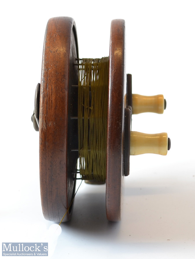 Rare J Atherton & Son Sheffield 4.5” mahogany wood and brass reel – with deep pillared drum core, - Image 4 of 4