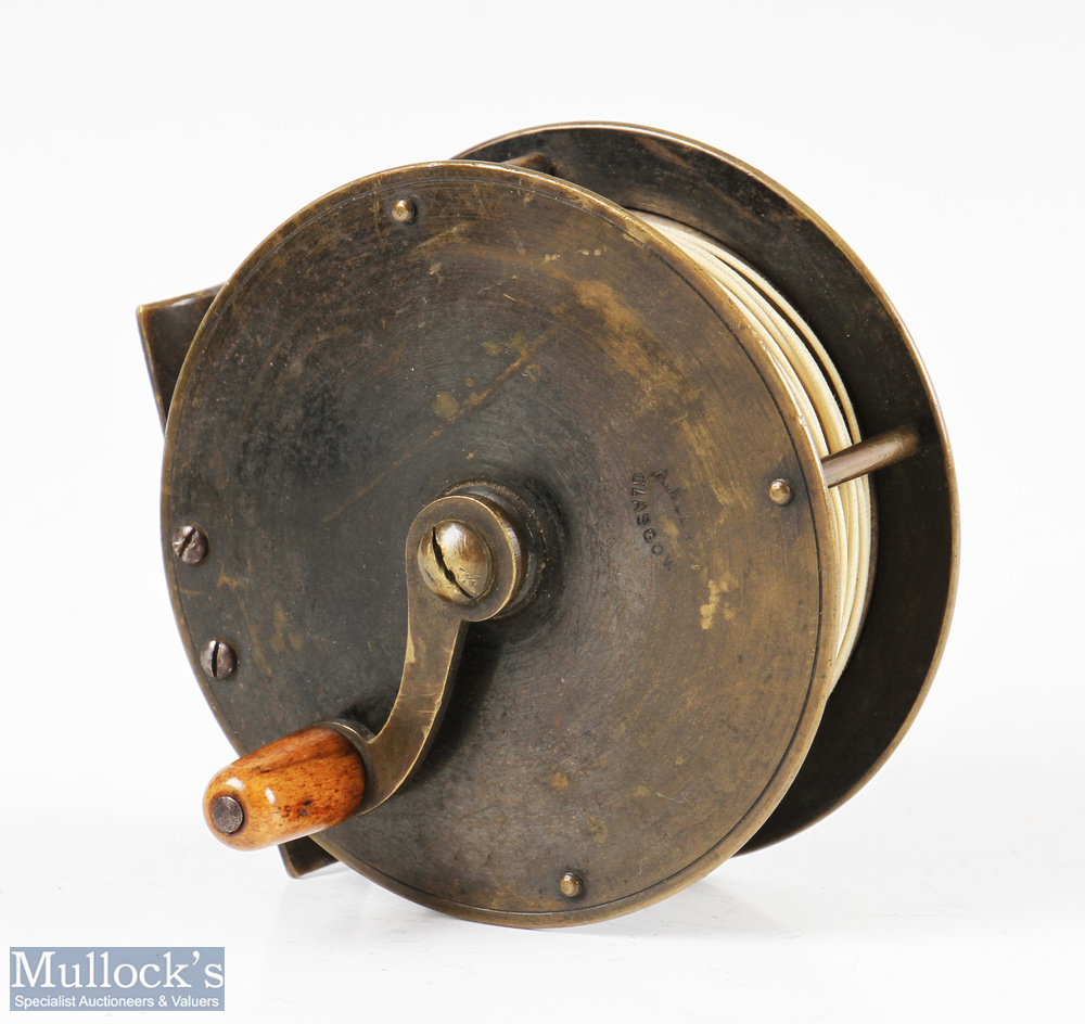 Early 3 ½” A Allan Glasgow all brass narrow drum fly reel with curved crank arm, maker’s mark to