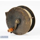 Early 3 ½” A Allan Glasgow all brass narrow drum fly reel with curved crank arm, maker’s mark to