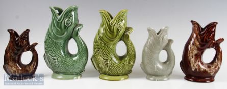 Group of Ceramic Fish Glug Jugs 3x by Dartmouth and 2x by Fosters, 3x A/F, tallest 24cm