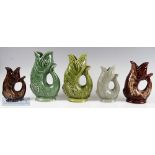 Group of Ceramic Fish Glug Jugs 3x by Dartmouth and 2x by Fosters, 3x A/F, tallest 24cm