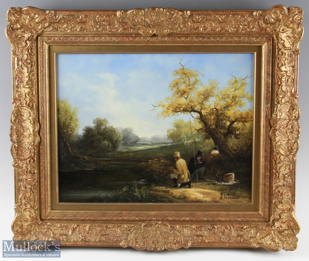 H. Wheeler Signed ‘19th Century Fishing Scene’ Oil painting in decorative frame depicts two