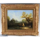 H. Wheeler Signed ‘19th Century Fishing Scene’ Oil painting in decorative frame depicts two