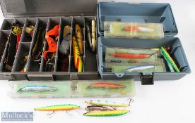 Assorted fishing lures featuring approx. 40+ new and used large predator lures – Replicants, Spoons,