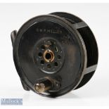 Moscrop of Manchester patent 4 ½” all brass fly reel in black finish, screw adjuster to central